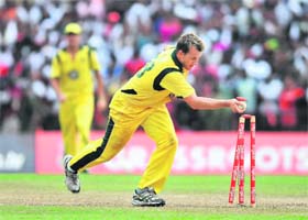 Brett Lee runs out West Indies Darren Sammy at the Arnos Vale Ground in Kingstown on Tuesday. The match ended in a tie after the last over run-out