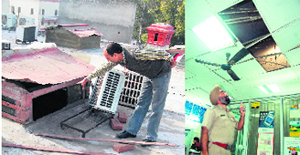 A bank official shows the air duct from where the thieves entered the SBI branch at railway station and (right) a police official shows the broken false ceiling from where the thieves tried to gain entry to the bank in Amritsar.