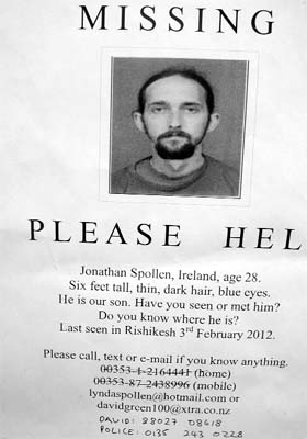A poster of the missing Irish journalist posted by his family members in Mussoorie