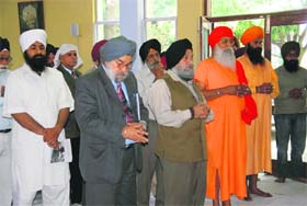 Senior Sikh intellectuals at a prayer meeting on the first death anniversary of Bibi Mohinder Kaur, former director , Dr Balbir Singh Sahitya Akademi, Punjabi University, in Dehradun on Thursday