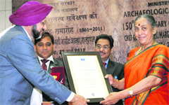 Uttarakhand Governor Margaret Alva honours Dr Rakashpal Singh, a former archaeologist, on the 150th anniversary of the Archeological Survey of India 