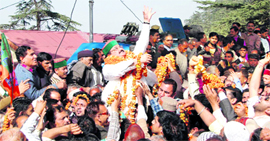 BJP leader JP Nadda with his supporters outside the Vidhan Sabha in Shimla on Thursday after he was declared elected to the Rajya Sabha.