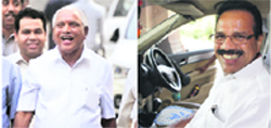 BS Yeddyurappa and Karnataka CM D Sadananda Gowda (R) after meeting the BJP top brass in New Delhi