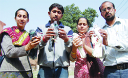SPCA members show rescued pigeons.