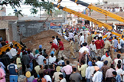 People gather around the accident site at Ballaram Nagar in Bathinda on Friday