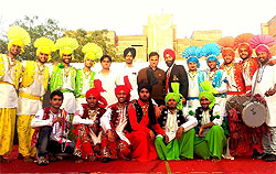 Student members and faculty in-charge of the PTU GZS campus bhangra team pose after winning the first prize at a competition organised at the Netaji Subhash Institute of Technology in Delhi