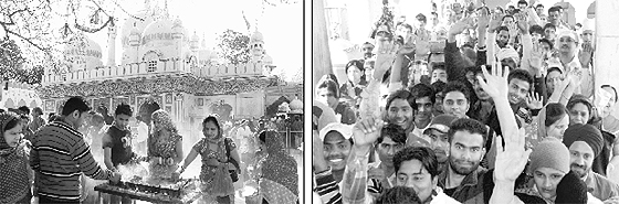 Devotees pay obeisance at Mansa Devi Temple on the first day of Navratra Fair at Panchkula on Friday. (Right) Tricity residents line up at the temple.