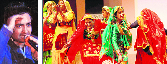 Punjabi singer Shery Mann performs; (right) students of Panjab University present a culture item at the Jhankar fest in Panjab University on Friday.