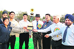 The winners being awarded the trophy during the annual atheletics meet of Sardar Bhagwan Singh PG Institute 