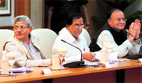 BJPs Arun Jaitley, BSPs SC Mishra and CPMs Sitaram Yechury at an all-party meeting of Rajya Sabha members on the Lokpal Bill.