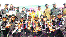 Winners of the rafting competition along with Tourism Minister Nawang Rigzin Jora at Reasi. 