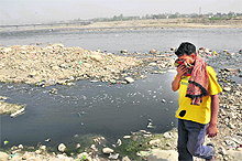 A labourer crossing the riverbed near Bhagwati Nagar covers his nose as the stench at the spot is intolerable