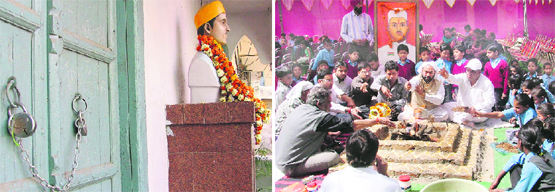 The ancestral house of martyr Sukhdev Thapar remained locked even on Martyrdom Day; and (right) members of Shaheed Sukhdev Mamorial Trust perform a ‘havan’ in memory of the martyr