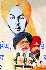 Chief Minister Parkash Singh Badal addresses a gathering at Khatkar Kalan