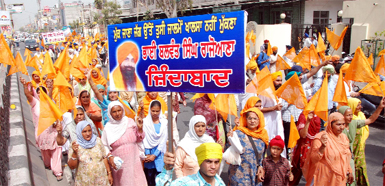Members of various Sikh organisations holding a march in protest against the proposed hanging of Balwant Singh Rajoana, a convict in Beant Singh assassination case, in Bathinda on Saturday.