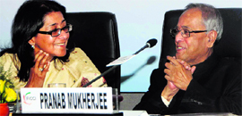 Finance Minister Pranab Mukherjee (R) with FICCI senior vice president Naina Lal Kidwai during a post-budget meeting in New Delhi on Saturday.