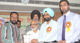 Dignitaries being honoured at an event organised to observe the martyrdom day of Bhagat Singh at Baba Farid Group of Institutions in Bathinda on Friday.