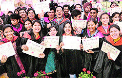 Students exult after receiving their degrees at the convocation held in the Government College of Commerce and Business Administration, Sector 42, Chandigarh, on Saturday