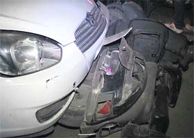 The speeding Verna which rammed into a scooter and a motorcycle near Jagraon on Saturday