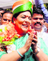 Newly elected Rajya Sabha member of the Congress Renuka Chowdhury being welcomed at her residence in New Delhi on Saturday.