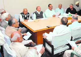 Shri Durgiana Committee members hold a meeting in Amritsar on Sunday
