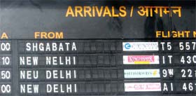 New Delhi is misspelt in the electronic board displaying flight arrivals at Sri Guru Ram Das Ji International Airport in Amritsar on Sunday