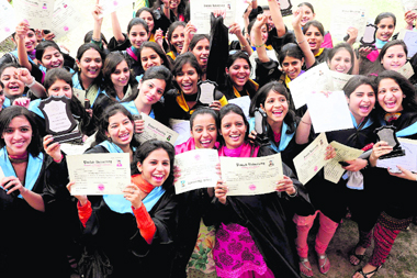 Girls in a jubilant mood after receiving their degrees at the convocation held at the Dev Samaj College for Women, Sector 45, Chandigarh, on Sunday.