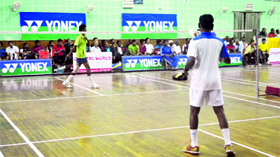 A match in progress during the 36th Senior National Badminton Championship in Haridwar on Sunday.