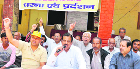 Members of the Dharmashala Raksha Samiti stage a protest in Haridwar.