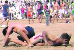 A kabaddi match in progress at Jandali village, near Ahmedgarh, on Sunday.