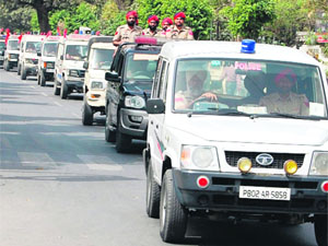 A flag march being carried out in Amritsar on Monday. 