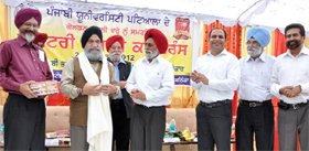 Vice-chancellor of the Punjabi University, Patiala, Dr Jaspal Singh, being honoured during the inaugural session of the two-day national conference being organised at the Universitys Regional Centre in Bathinda on Monday.