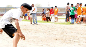 A contestant takes part in a sporting event during the selection trial organised by the Government Sports School, Ghudda, in Bathinda on Monday.