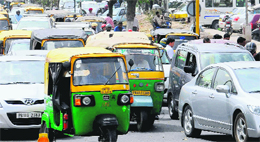 A traffic jam near the roundabout separating Sectors 17 and 22 in Chandigarh on Monday.