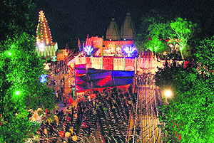 An illuminated view of Devi Mandir of Panipat during the ongoing Navratra festival. 