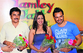 Actors Guggu Gill, Jonita Doda and Savy Dadwal, during a press conference about their movie Yamley Jatt Yamley in Ludhiana.