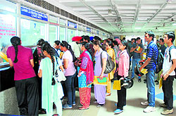Applicants queue up at the office of the Registering and Licensing Authority at Sector 17 in Chandigarh on Tuesday
