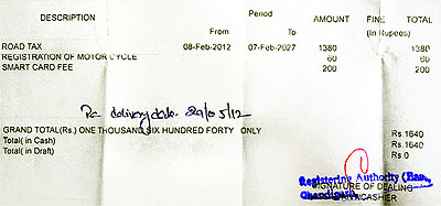 The copy of a receipt in which an applicant has been given three months to get the registration certificate for a two-wheeler