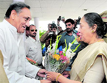 Chief Minister Vijay Bahuguna greets Governor Margaret Alva on her arrival at the Vidhan Sabha on the opening day of the Assembly session in Dehradun on Tuesday
