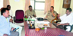 City Magistrate Hunsa Dutt Pandey, SP (Traffic) Kiran Lal Shaw, CO Ajay Joshi at a meeting with government officials in Haridwar on Tuesday