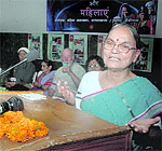 Radha Behn, a Gandhian, at a seminar organised by the Mahila Samakhaya in Dehradun on Tuesday