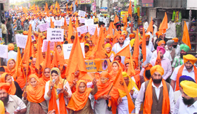 Sikh organisations participate in a procession seeking clemency for Balwant Singh Rajoana in Jalandhar on Tuesday.