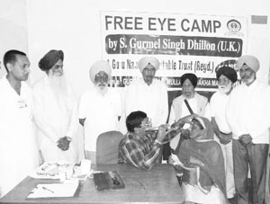 A docor examines a patient at a free eye check-up camp at Mullanpur Dakha. 