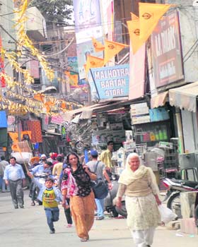 Saffron flags put up in large numbers in a street in Jalandhar
