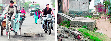 A manhole cover is placed 1 foot above the road in the Aman Avenue area; and (right) another one on the Majitha road poses danger to commuters in Amritsar