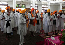 Activists of radical Sikh groups performing ardas seeking clemency for Balwant Singh Rajoana, who killed former CM Beant Singh, in a gurudwara at Moga on Wednesday