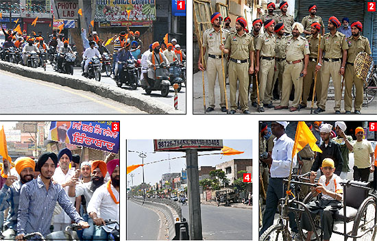 1. Activists of various Sikh organisations taking part in the protest against the proposed hanging of Balwant Singh Rajoana in Bathinda on Wednesday. 2. Punjab police personnel keeping a vigil during the bandh to aviod any untoward incident in the city. 3. Youth participating in a march to protest against the death sentence awarded to Rajoana. 4. City road wears a deserted look during the bandh. 5. Physically challenged also responded by taking part in the protest