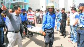 A mock drill by the fire department in progress at the DLF building, IT Park, Chandigarh, on Wednesday. 