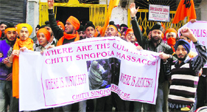 Sikhs hold protest against the hanging of Balwant Singh Rajoana, assassin of former Punjab Chief Minister Beant Singh, in Srinagar on Wednesday