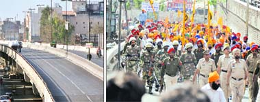 An elevated road wears a deserted look; and (right) members of Panthic organisations stage a protest in Ludhiana on Wednesday